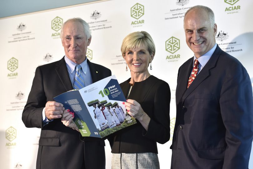 (Left to right) Mr Don Heatley OAM (ACIAR Commission Chair), Foreign Minister Julie Bishop, and Professor Andrew Campbell (ACIAR CEO) at the launch of ACIAR's 10-year strategy