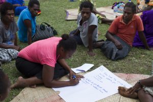 Women belonging to the Women I Tok Tok Tugeta Forum planning their response to climate impacts at a meeting in Tanna, Vanuatu in February 2018 (Credit: ActionAid)
