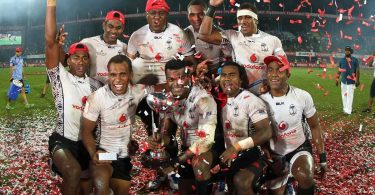 The Fiji team after winning the opening round of the HSBC World Rugby Sevens Series in 2015 (Photo credit: World Rugby)