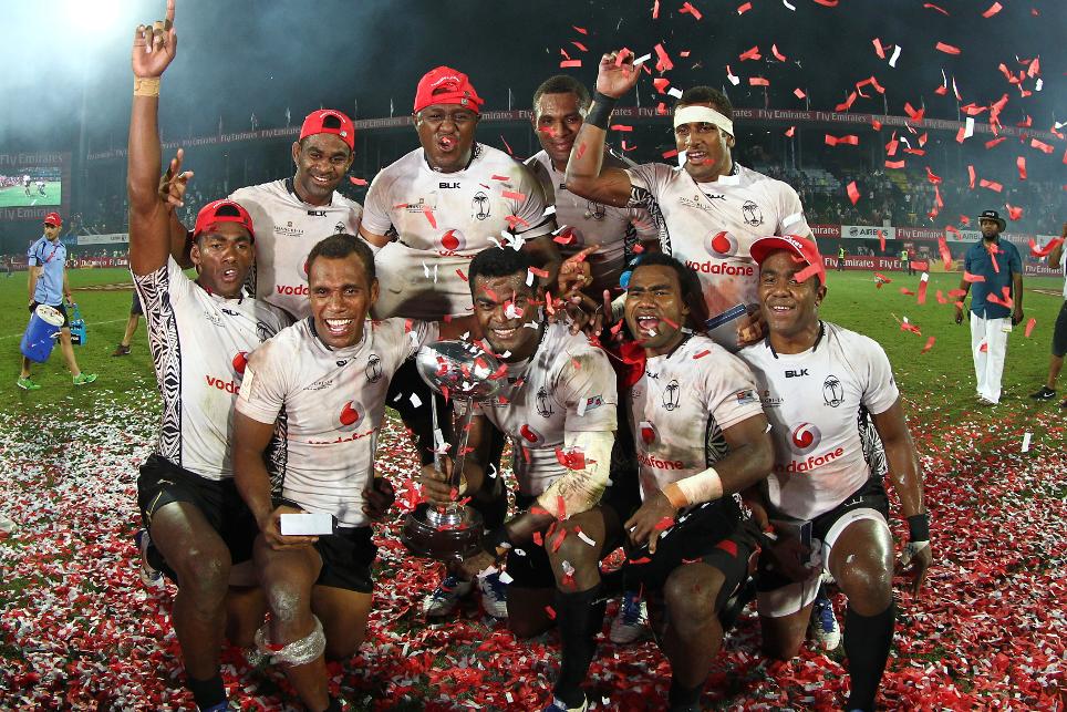 The Fiji team after winning the opening round of the HSBC World Rugby Sevens Series in 2015 (Photo credit: World Rugby)