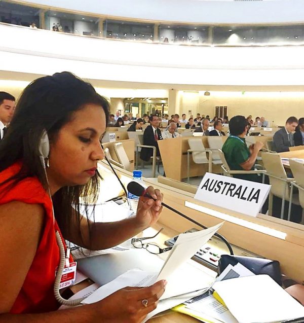 Sheena representing Australia at the UN Expert Mechanism on the Rights of Indigenous Peoples in Geneva, Switzerland (Credit: DFAT)