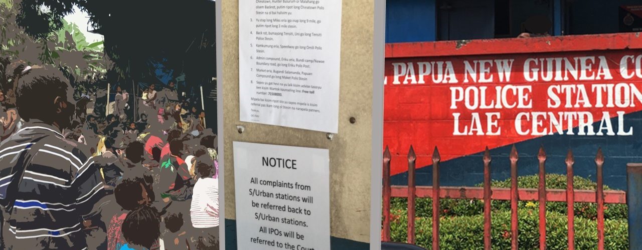 Women in the Biwat Settlement, a notice at the police station, and the Lae Central Police Station (Credit: Michelle N Rooney)