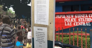 Women in the Biwat Settlement, a notice at the police station, and the Lae Central Police Station (Credit: Michelle N Rooney)