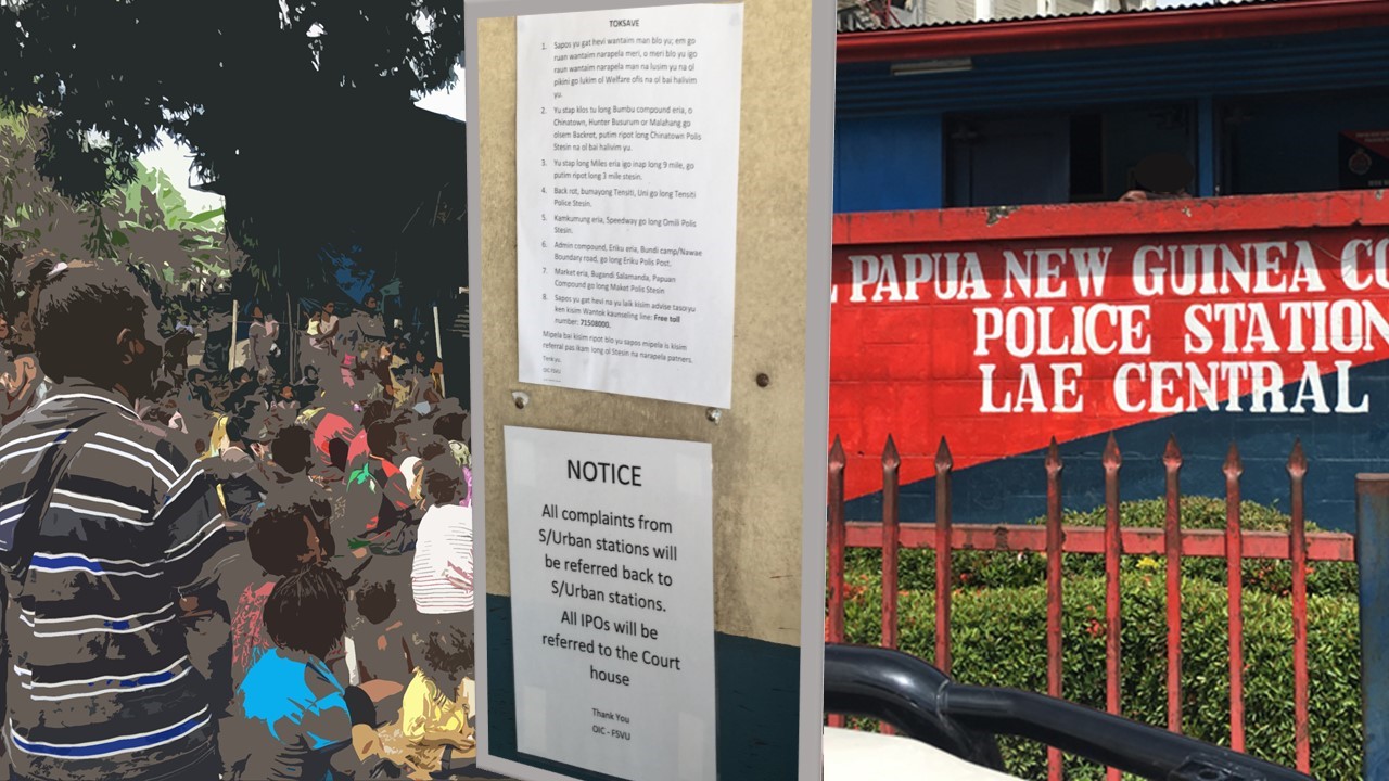 Women in the Biwat Settlement, a notice at the police station, and the Lae Central Police Station (Credit: Michelle N Rooney)