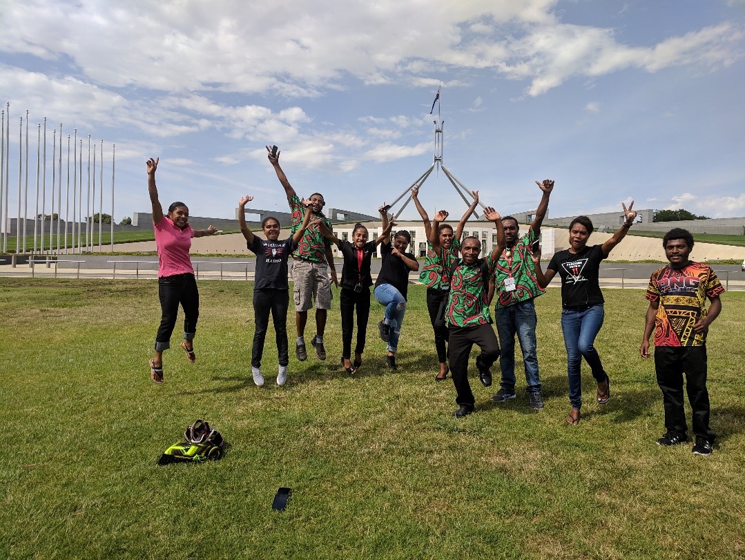 2019 ANU-UPNG Summer School students in front of Parliament House, Canberra (Credit: Ashlee Betteridge)