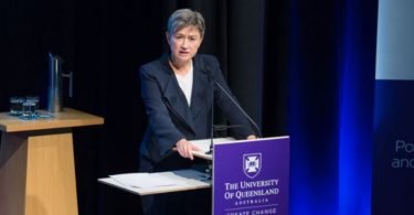 Senator Penny Wong giving the UQ 2019 Annual Lecture in Political Science and International Studies (Credit: UQ/Twitter)