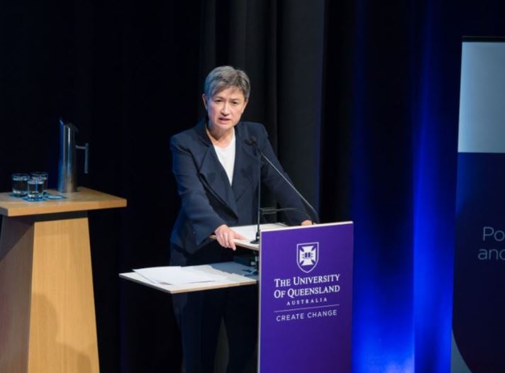 Senator Penny Wong giving the UQ 2019 Annual Lecture in Political Science and International Studies (Credit: UQ/Twitter)