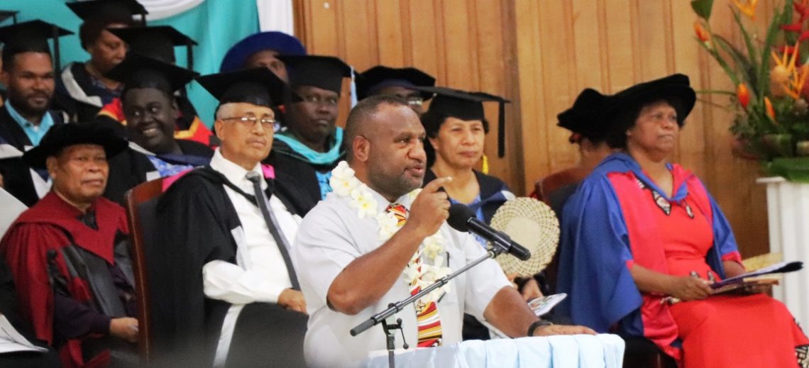 Prime Minister Marape addresses graduates at the Pacific Adventist University, December 2019 (Credit: PMNEC)