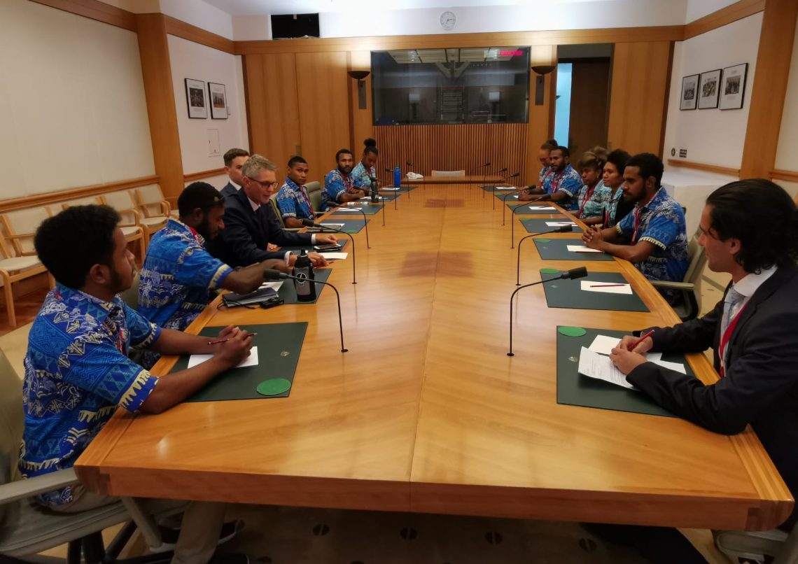 UPNG Summer School students met with Tim Bryson, Senior Adviser to Alex Hawke, Minister for International Development and the Pacific, at Parliament House (Credit: Rohan Fox)