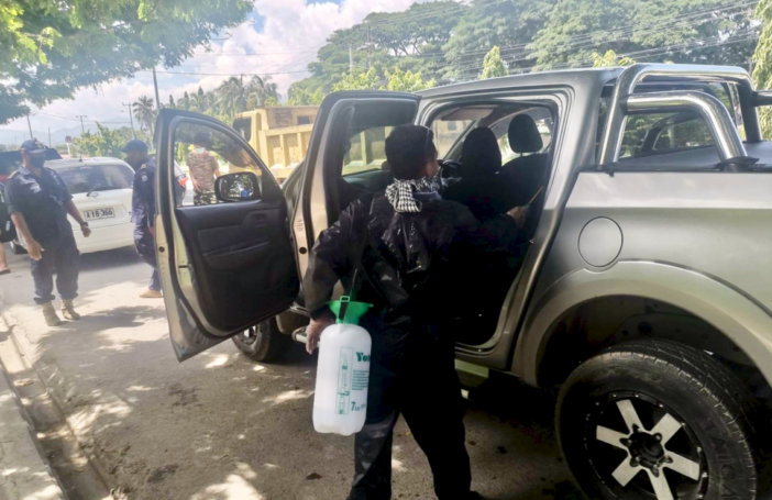 Timorese police disinfect cars in Dili (Credit: José Ramos-Horta/Facebook)