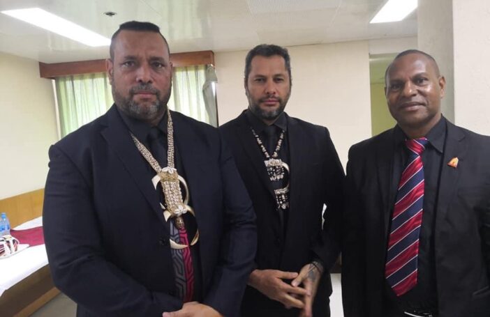 L–R: East Sepik Province Governor Allan Bird, Oro Governor Gary Juffa, Angoram MP Salio Waipo wearing black to raise awareness on ending violence against women (Photo credit: Namorong Report)