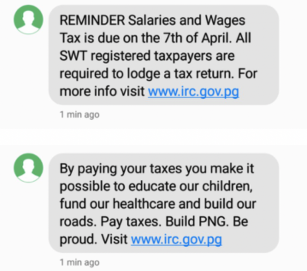 SMSs sent as part of the trial to improve tax compliance in PNG.