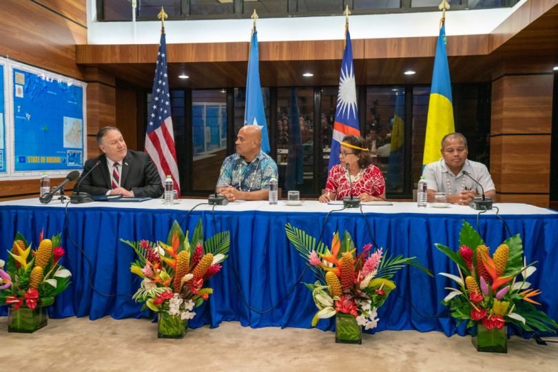 US Secretary of State Michael Pompeo with Micronesia President David Panuelo, Marshallese President Hilda Heine and Palauan Vice President Raynold Oilouch during his visit to the Federated States of Micronesia, August 2019 (Flickr/US Department of State/Ron Przysucha)