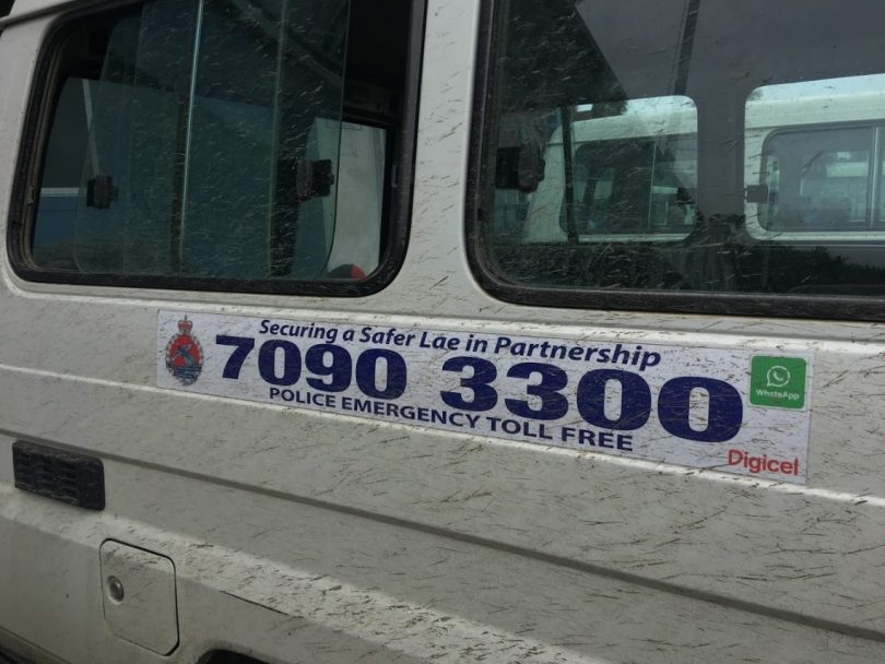 Signage on a police vehicle in Lae (Judy Putt)
