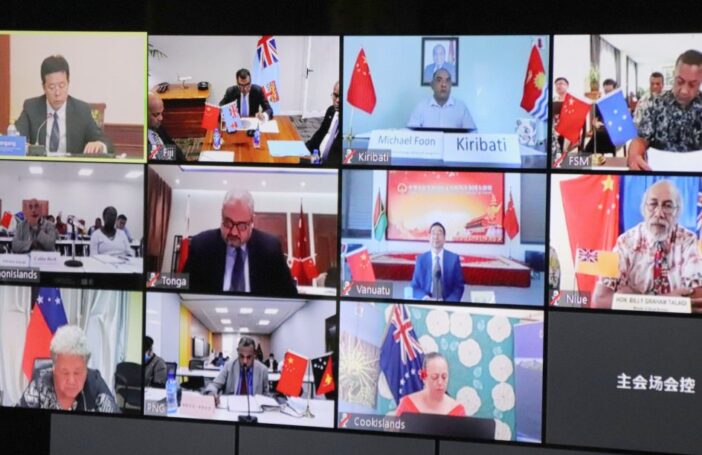 A virtual meeting between the People’s Republic of China and the Pacific Small Island Developing States in May 2020 (Fiji Ministry of Foreign Affairs/Twitter)