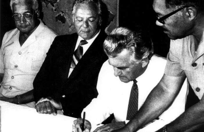 PM Hawke signing the South Pacific Nuclear Free Zone Treaty (“Rarotonga Treaty”)