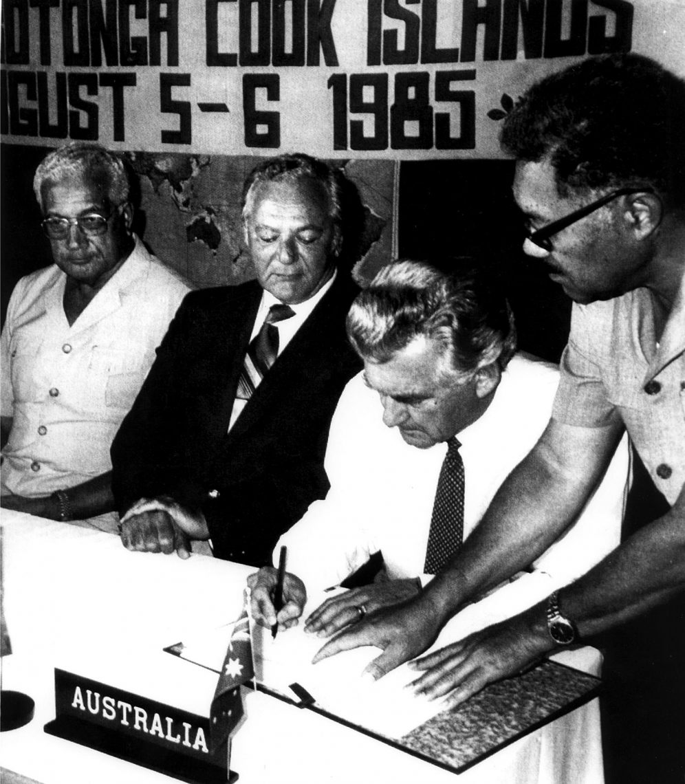 PM Hawke signing the South Pacific Nuclear Free Zone Treaty (“Rarotonga Treaty”)