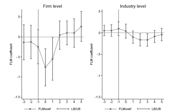 Graph showing Dynamic effects of emigration on TFP at the firm and industry level