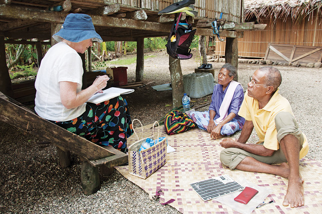 A woman in a white t-shirt, colourful skirt and blue broad-brimmed hat sits on wooden steps taking notes with pen and paper. In front of her sit two elderly people on a woven mat. Beside the is a house built on short stilts. In the background is a house with a palm frond roof.