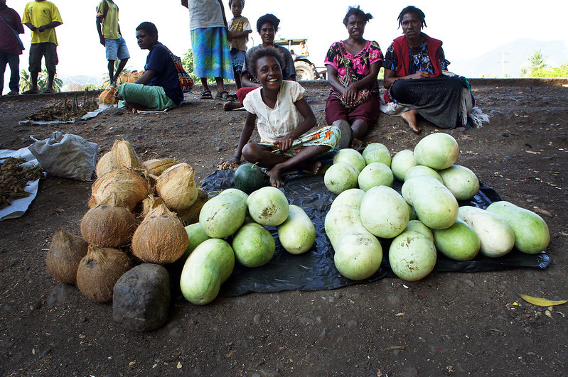 Photograph of a young women sitting cross-legged on dirt selling coconuts and bottle gourds which are spread on black plastic in front of her.