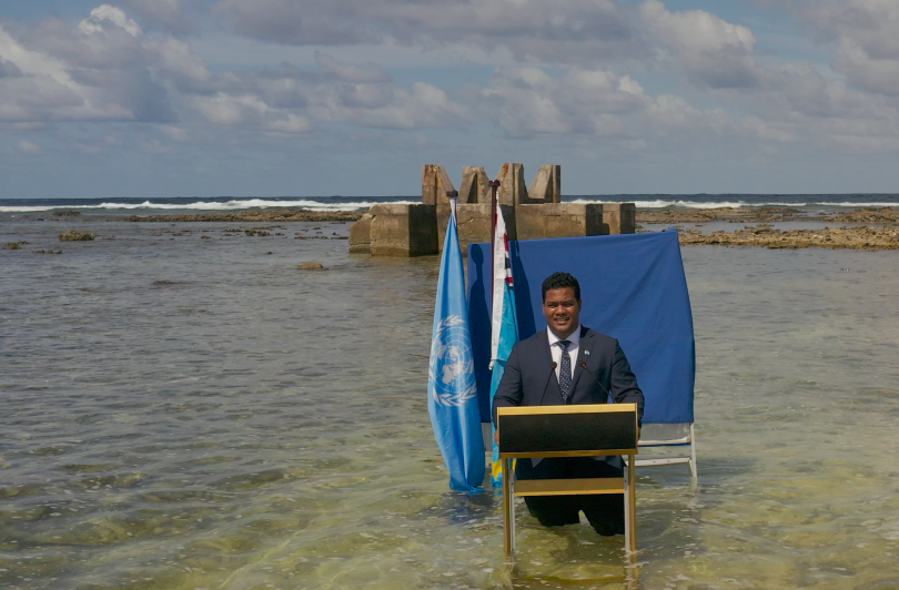 Hon. Minister Simon Kofe filming a video statement in Tuvalu on climate mobility, for COP26 (Tuvalu.TV)