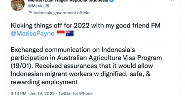 Image of tweet from @Menlu_RI (Retno Marsudi, Foreign Minister of Indonesia). Text says: "Kicking things off for 2022 with my good friend FM @MarisePayne Flag of IndonesiaFlag of Australia Exchanged communication on Indonesia's participation in Australian Agriculture Visa Program (19/01). Received assurances that it would allow Indonesian migrant workers w dignified, safe, & rewarding employment"