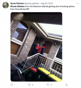 Screenshot of a author's Twitter post with photograph and text that says: "Rhoda Sikilabu from the Solomon Islands getting door knocking advice from Anna Burke MP."
