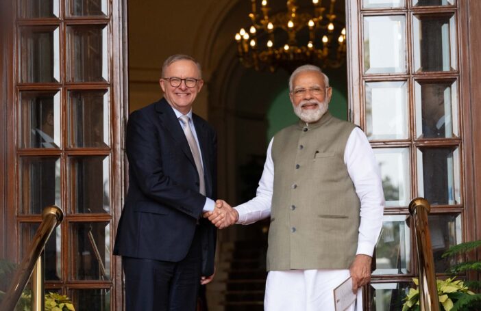 The prime ministers of Australia and India meeting in India in March 2023 (Anthony Albanese-Twitter)