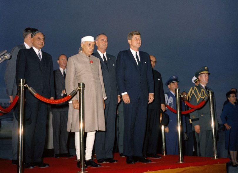 US President John F. Kennedy, Indian Prime Minister Jawaharlal Nehru, US Vice President Lyndon B. Johnson and others in 1961 (Abbie Rowe-Wikimedia Commons)
