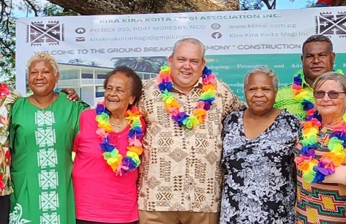 Justin Tkachenko MP (centre) and Dame Carol Kidu (second from right) in Kira Kira, Papua New Guinea, March 2023