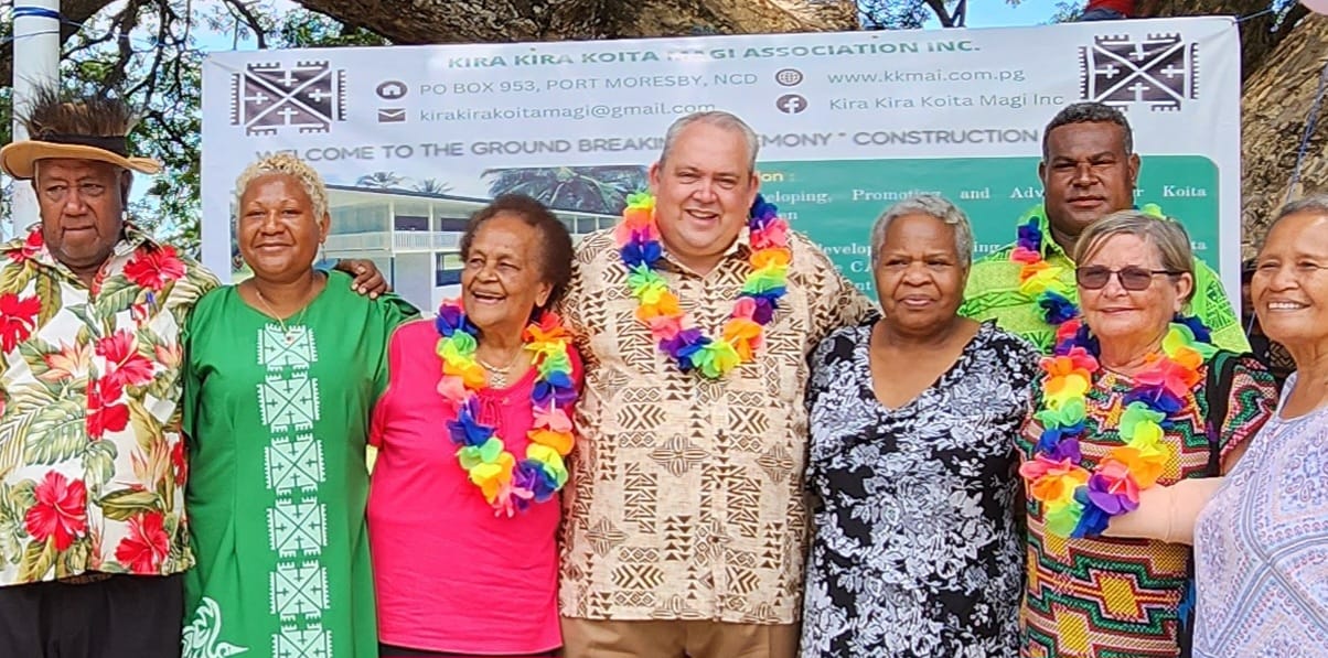 Justin Tkachenko MP (centre) and Dame Carol Kidu (second from right) in Kira Kira, Papua New Guinea, March 2023