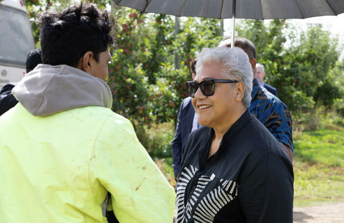 Samoan PM Fiamē Naomi Mata’afa meets Samoan PALM workers at a Tasmanian orchard, March 2023