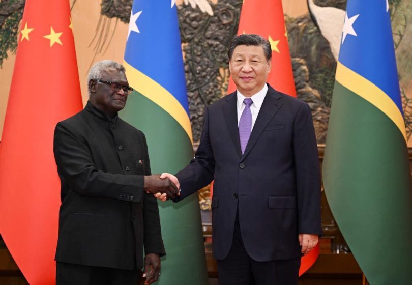 Solomon Islands PM Manasseh Sogavare meeting Chinese President Xi Jinping during a visit to Beijing in July 2023 (Chinese Embassy in Solomon Islands-Facebook)
