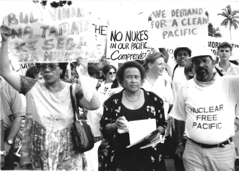 Meraia Taufa Vakatale (centre) at an anti-nuclear protest march in 1995 (photo supplied by Vakatale family)