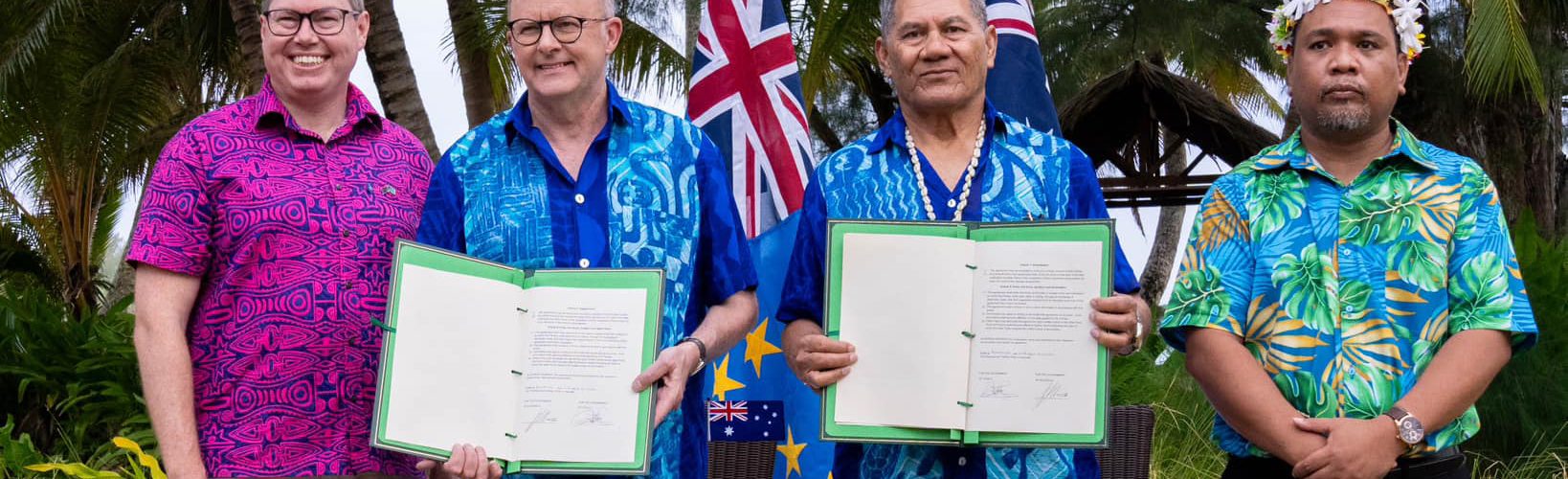 The Falepili Union bilateral treaty was signed on 9 November 2023 by Australian Prime Minister Anthony Albanese and Tuvalu Prime Minister Kausea Natano