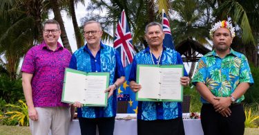 The Falepili Union bilateral treaty was signed on 9 November 2023 by Australian Prime Minister Anthony Albanese and Tuvalu Prime Minister Kausea Natano