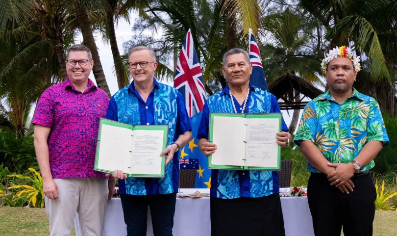 The Falepili Union bilateral treaty was signed on 9 November 2023 by Australian Prime Minister Anthony Albanese and Tuvalu Prime Minister Kausea Natano