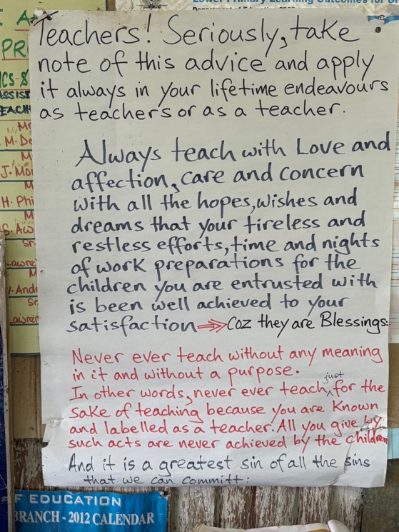 Handwritten poster in the teachers' room at Bema Primary School.