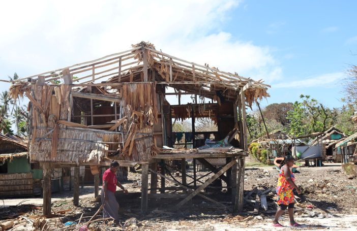 A damaged house at Titiana, Western Province, Solomon Islands, after the Tropical cyclone Maila